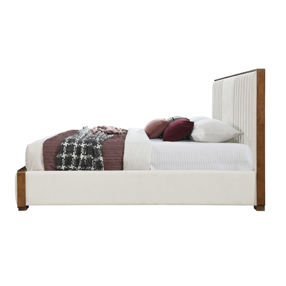 Kaleea Queen Bed Beige Chenille & Walnut. Picture 3