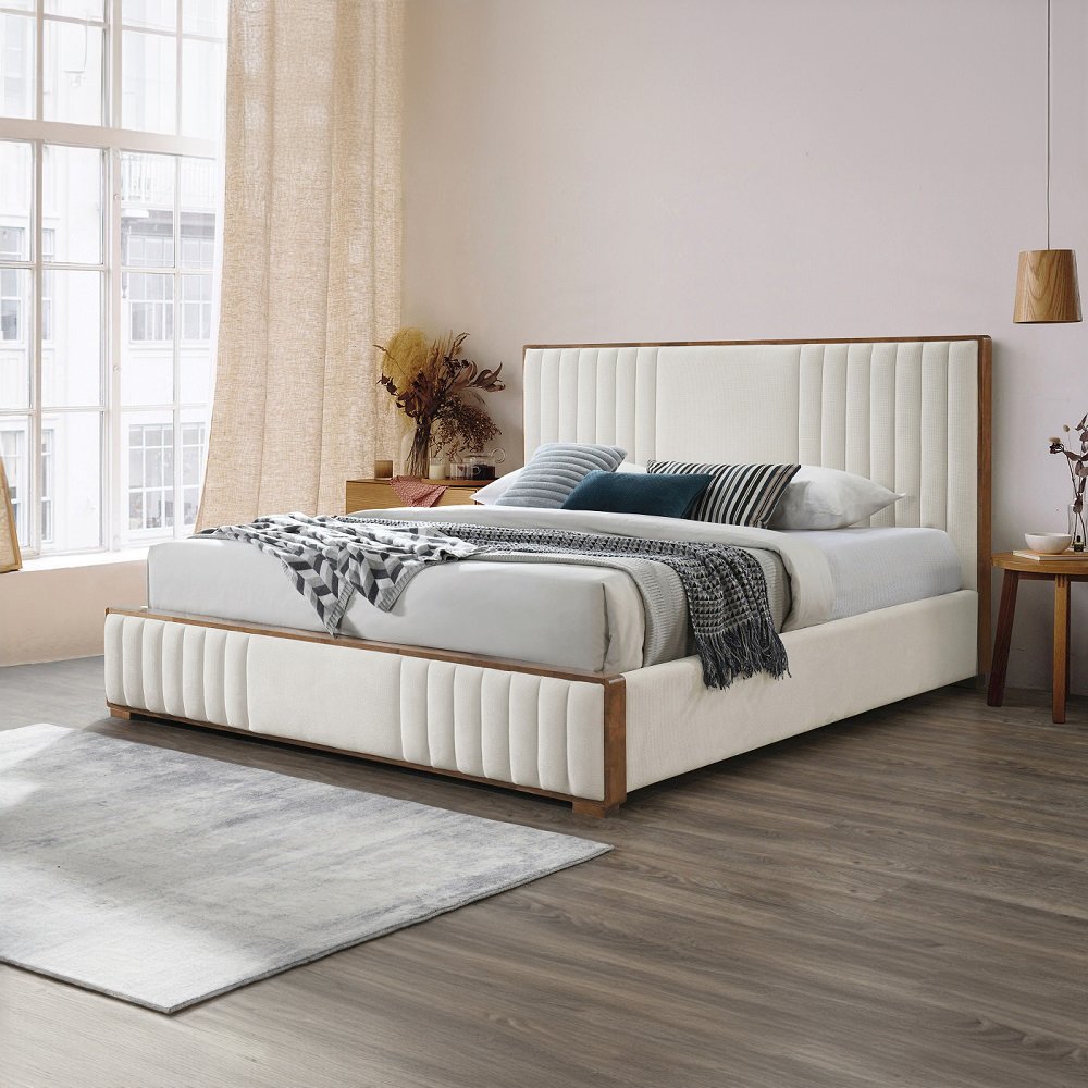 Kaleea Queen Bed Beige Chenille & Walnut. Picture 7