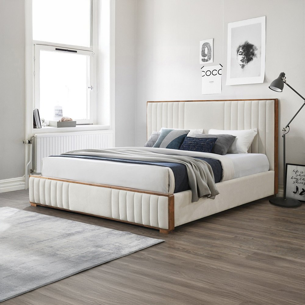 Kaleea Queen Bed Beige Chenille & Walnut. Picture 8