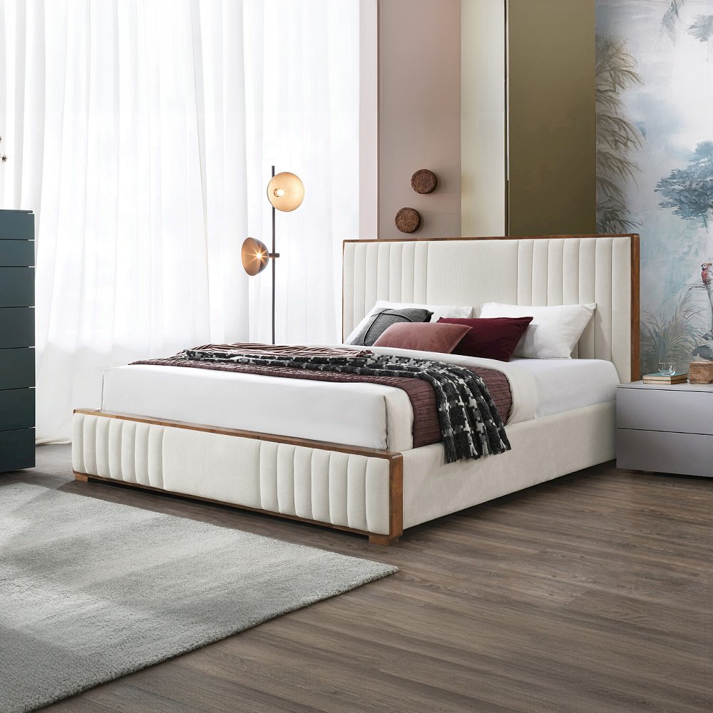 Kaleea Queen Bed Beige Chenille & Walnut. Picture 9