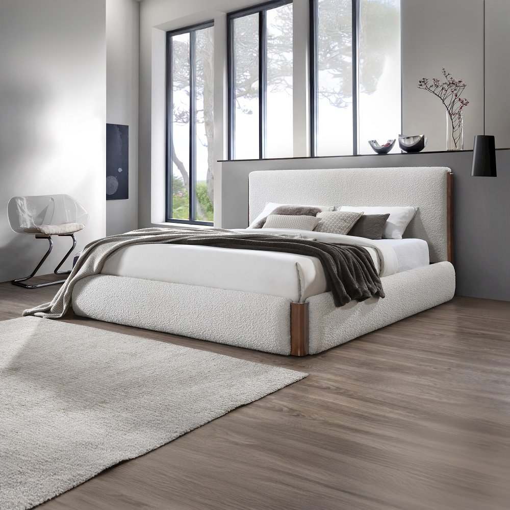 Sandro Queen Bed White Bouclé & Walnut. Picture 1
