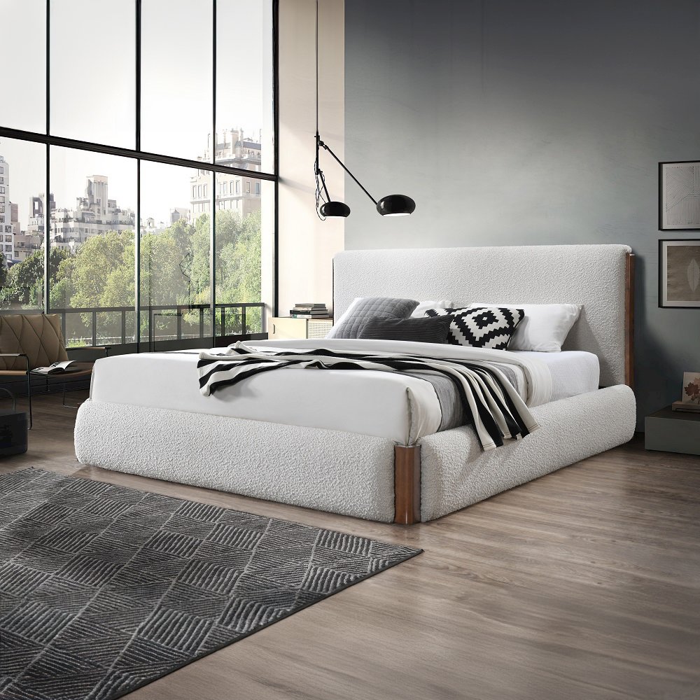 Sandro Queen Bed White Bouclé & Walnut. Picture 8