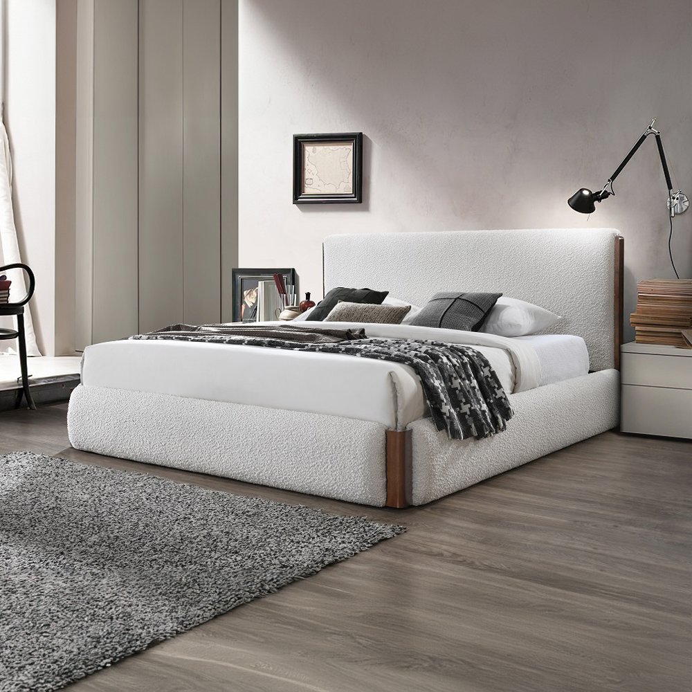Sandro Queen Bed White Bouclé & Walnut. Picture 9