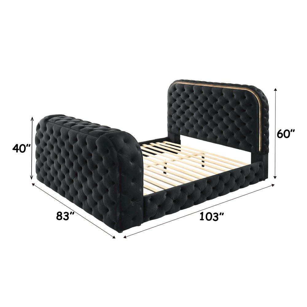 Kana Eastern King Bed w/LED, Fireplace & TV Cabinet Black Upholstery Velvet. Picture 7