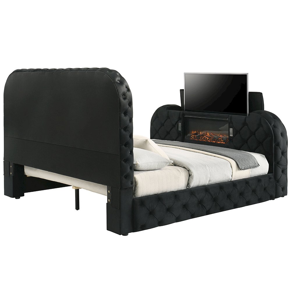 Kana Queen Bed w/LED, Fireplace & TV Cabinet Black Upholstery Velvet. Picture 3