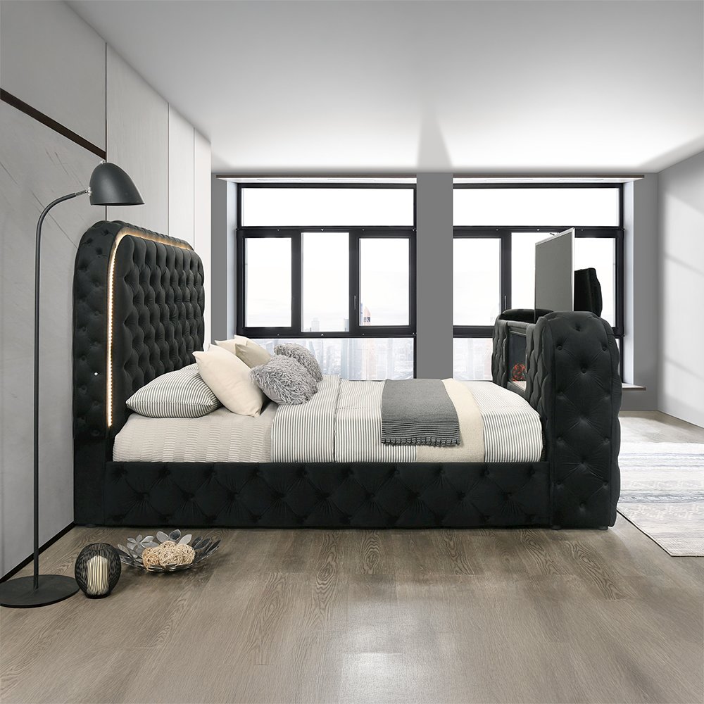 Kana Queen Bed w/LED, Fireplace & TV Cabinet Black Upholstery Velvet. Picture 7