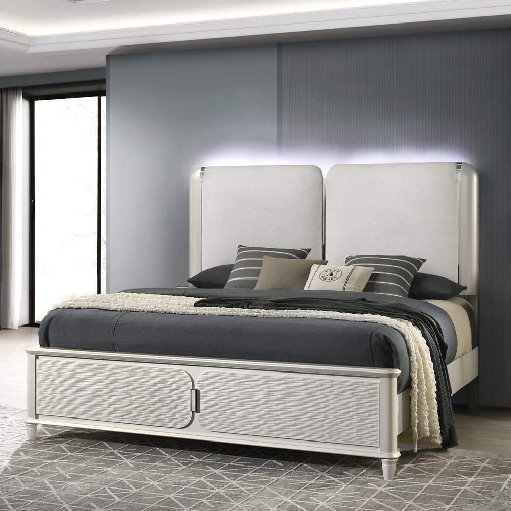 Laveda Eastern King Bed w/LED Light Gray Boucle & Pearl White. Picture 1