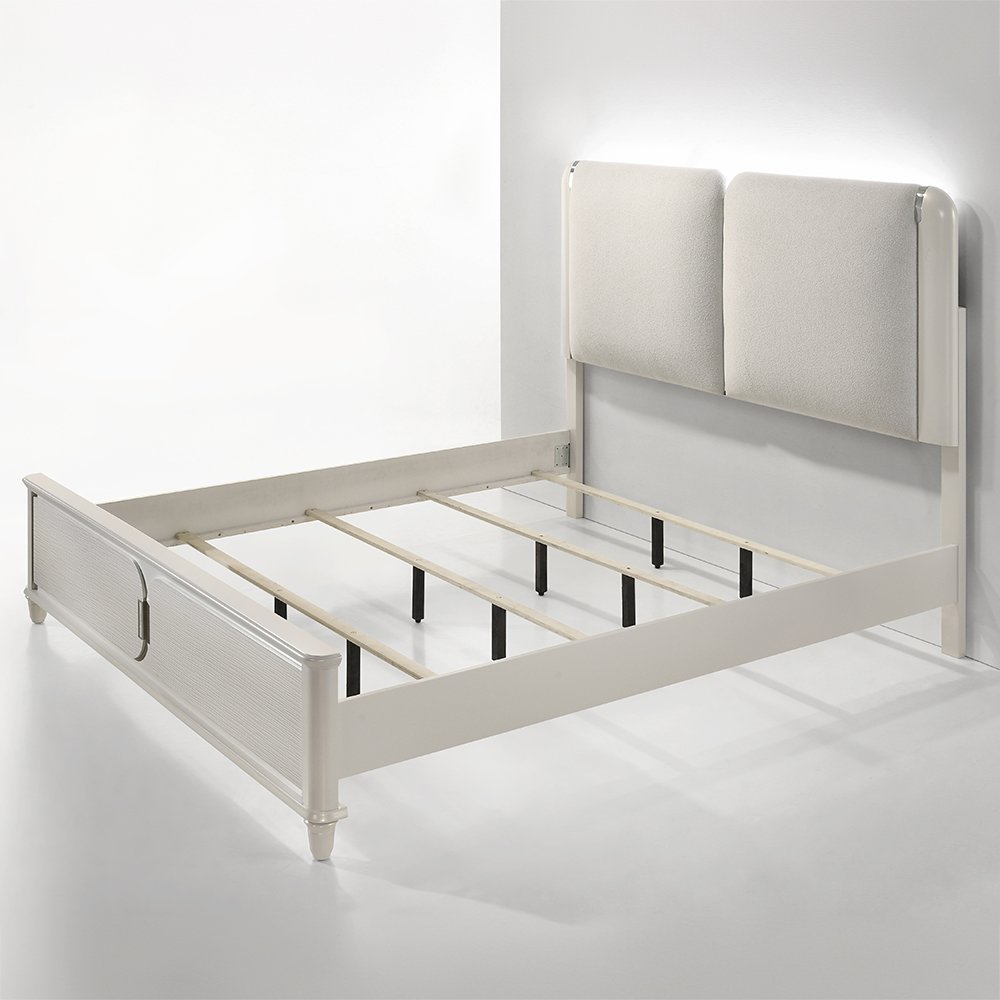Laveda Eastern King Bed w/LED Light Gray Boucle & Pearl White. Picture 2