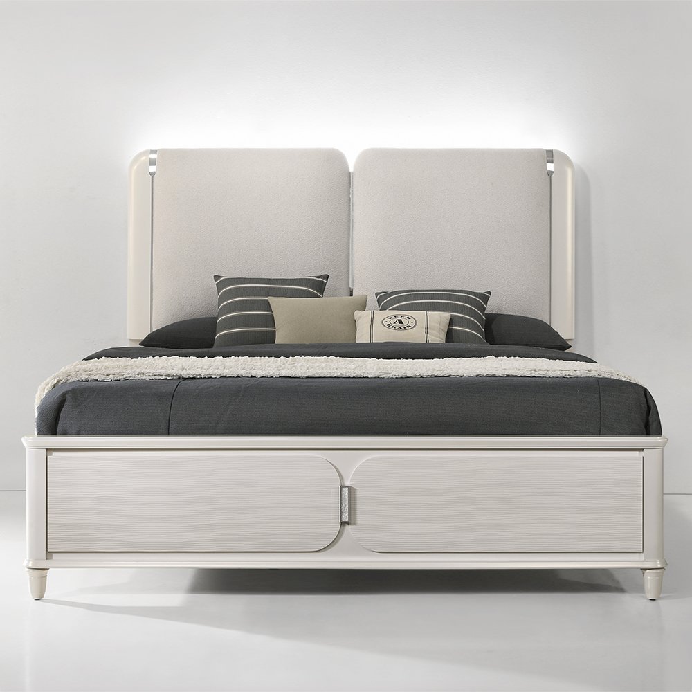 Laveda Eastern King Bed w/LED Light Gray Boucle & Pearl White. Picture 3