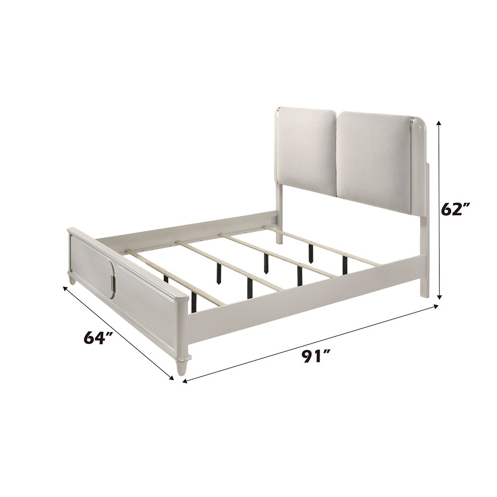 Laveda Queen Bed w/LED Light Gray Boucle & Pearl White. Picture 6