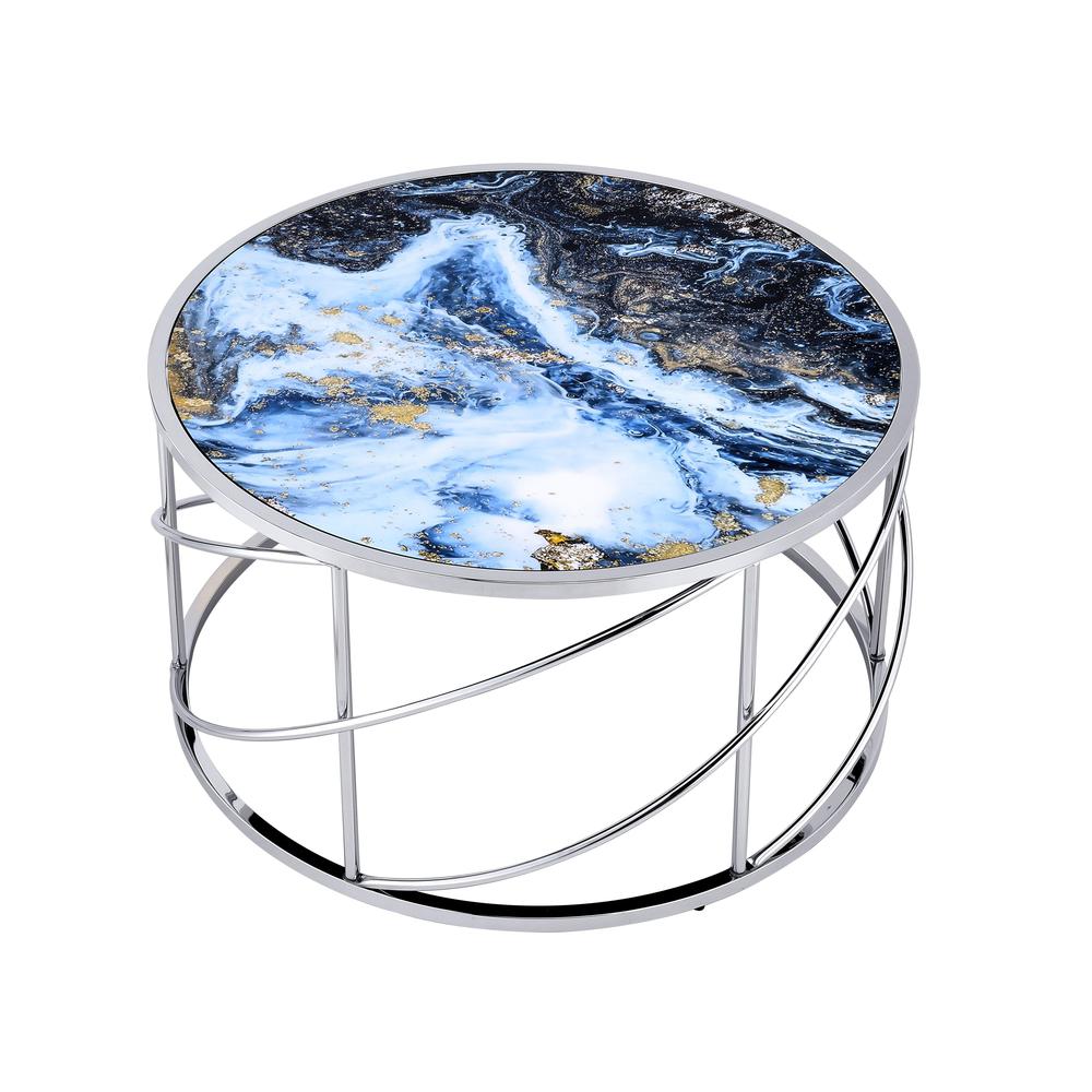 Lyda Coffee Table, Blue Marble Print & Chrome Finish. Picture 2