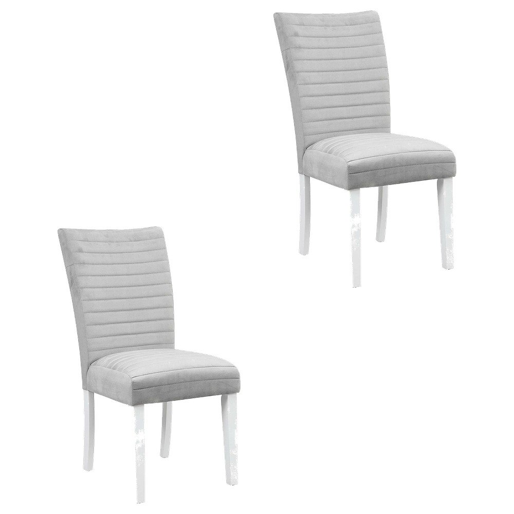 Velvet Dining Side Chair, Gray Velvet, Faux Crystal Diamonds &White High Gloss, Set of 2. Picture 1