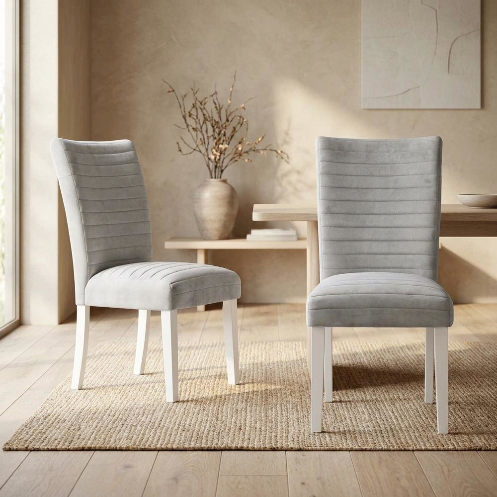 Velvet Dining Side Chair, Gray Velvet, Faux Crystal Diamonds &White High Gloss, Set of 2. Picture 4