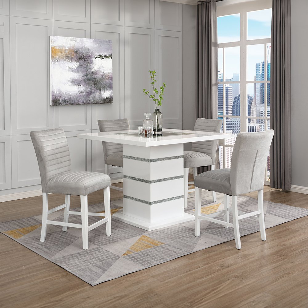 Elizaveta Counter Height Chair (Set-2) Gray Velvet, Faux Crystal Diamonds &White. Picture 8
