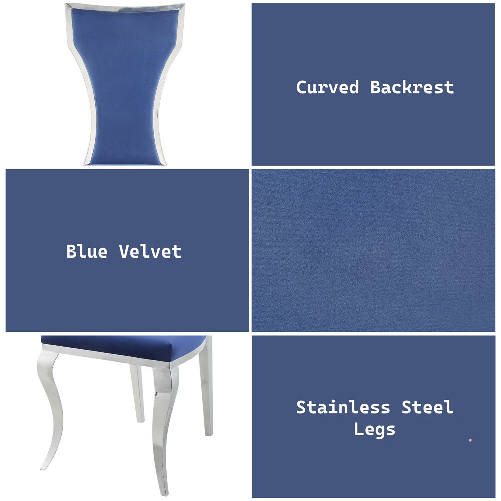 Azriel Side Chair(Set-2) Blue Velvet & Mirroed Silver. Picture 6
