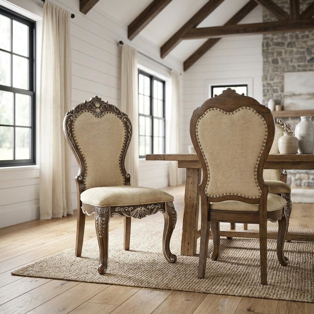 Upholstered Wood Dining Chairs with Transitional Style, Antique Oak, Set of 2. Picture 3