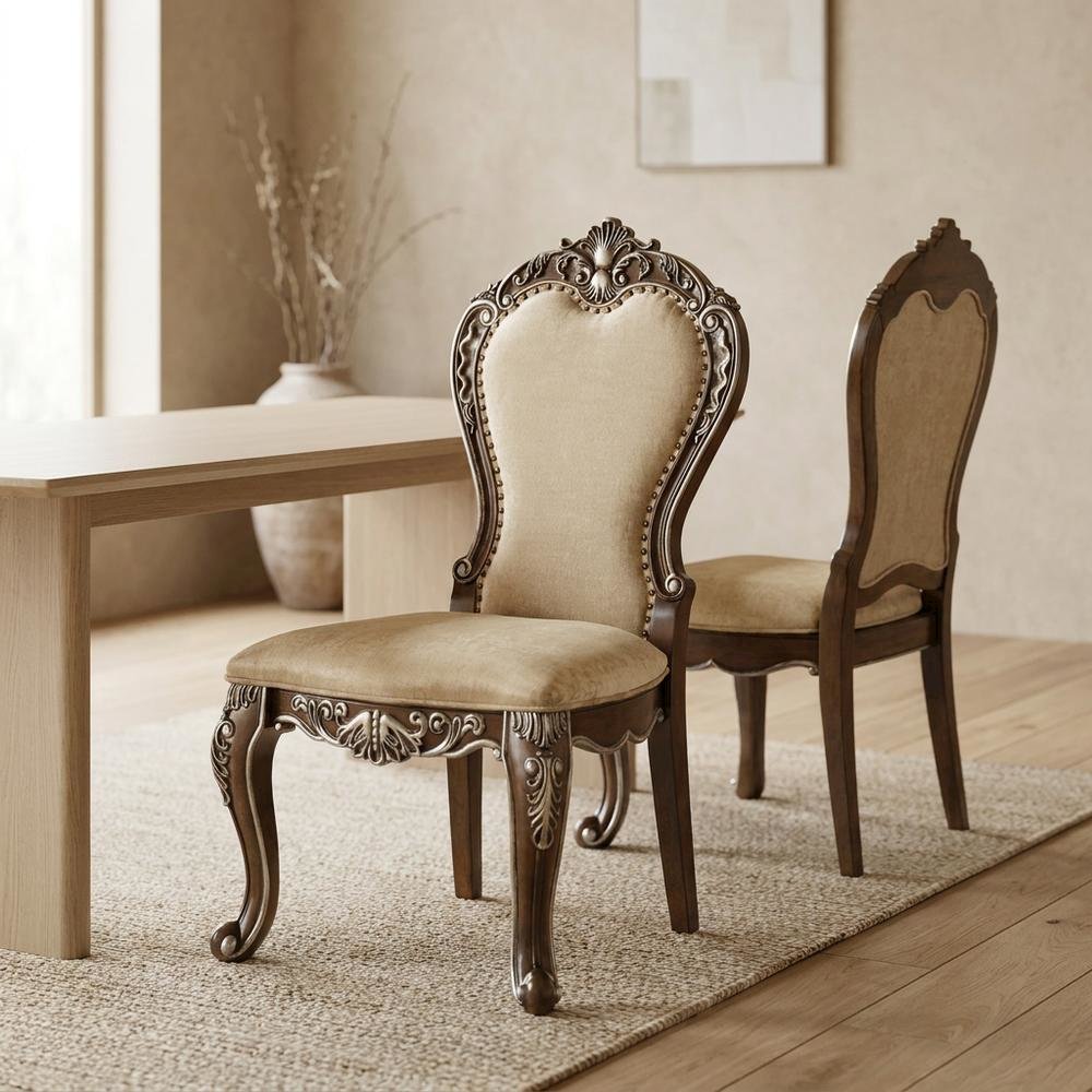 Upholstered Wood Dining Chairs with Transitional Style, Antique Oak, Set of 2. Picture 4