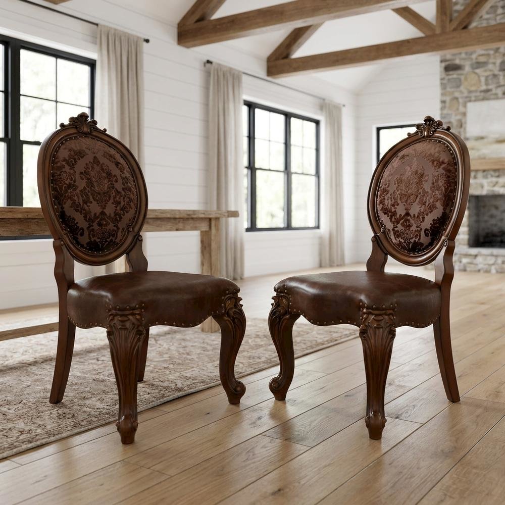 Upholstered Wood Dining Side Chair with Transitional Style, Cherry, Set of 2. Picture 3