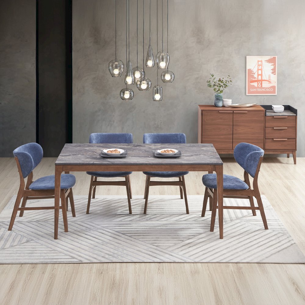Bevis Side Chair (Set-2) Blue Fabric & Walnut. Picture 7