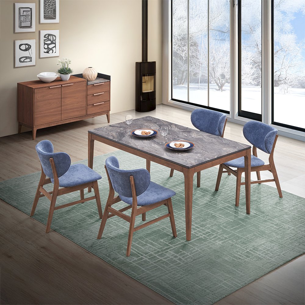 Bevis Side Chair (Set-2) Blue Fabric & Walnut. Picture 8