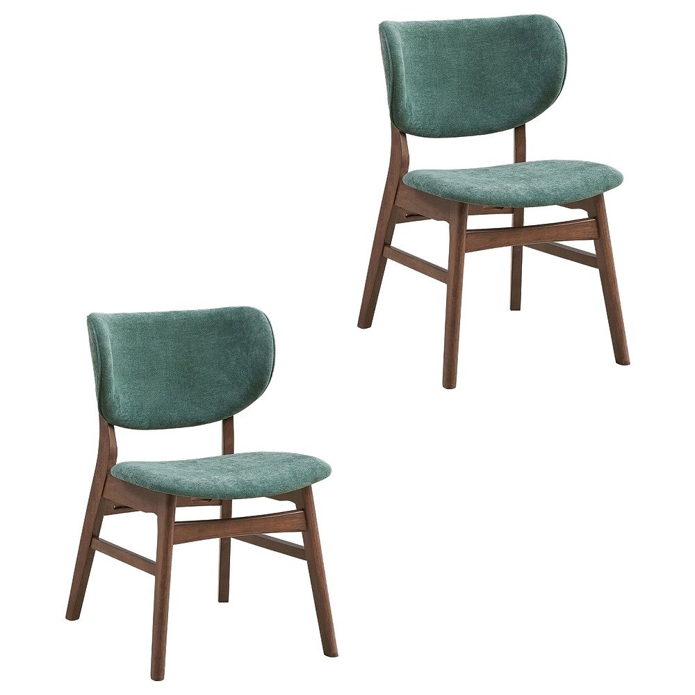 Fabric Dining Side Chairs, Scandinavian, Green Fabric & Walnut, Set of 2. Picture 1