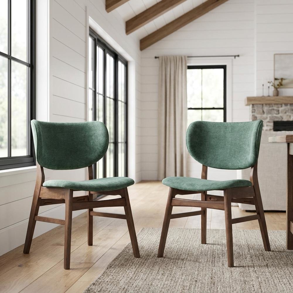 Fabric Dining Side Chairs, Scandinavian, Green Fabric & Walnut, Set of 2. Picture 3