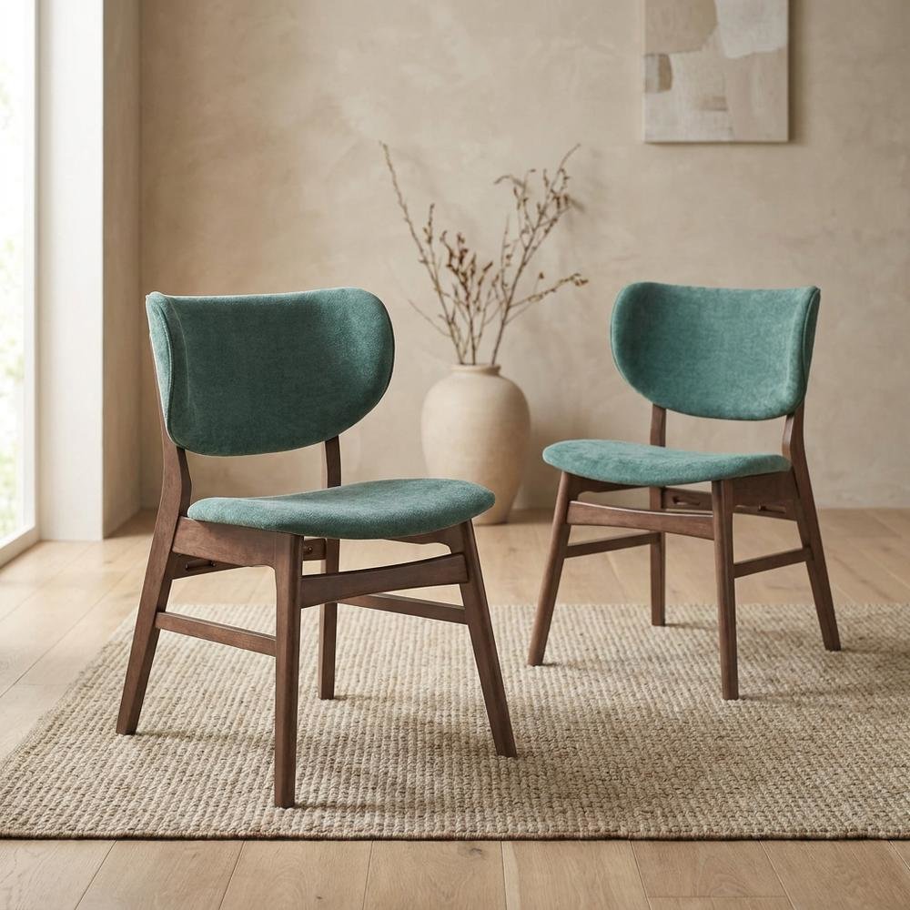 Fabric Dining Side Chairs, Scandinavian, Green Fabric & Walnut, Set of 2. Picture 4