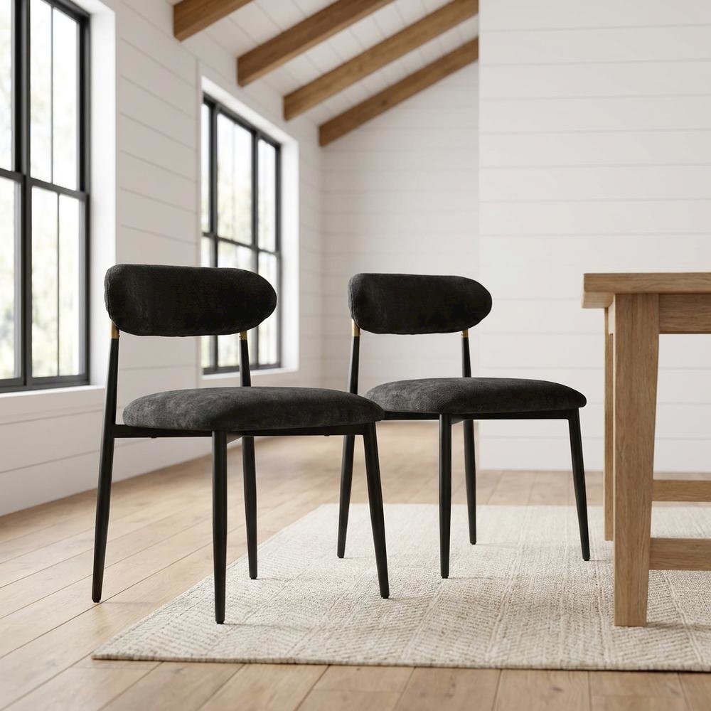 Chenille Dining Chairs, Set of 2, Black Chenille & Black. Picture 3