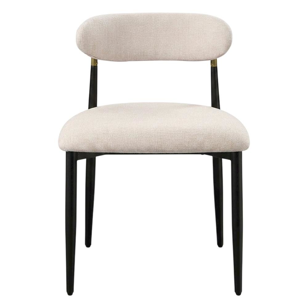 Chenille Dining Chairs with Wood and Metal Frame, Set of 2, Beige Linen & Black. Picture 2