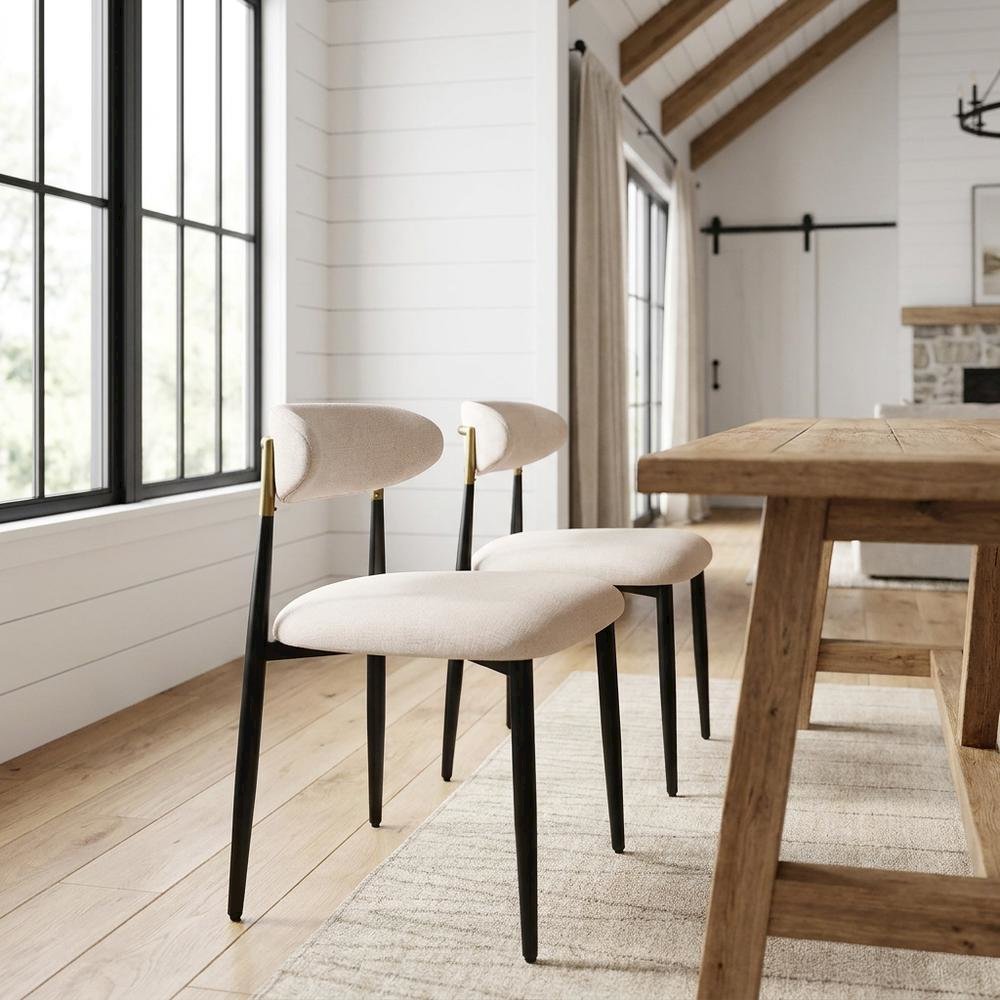 Chenille Dining Chairs with Wood and Metal Frame, Set of 2, Beige Linen & Black. Picture 3
