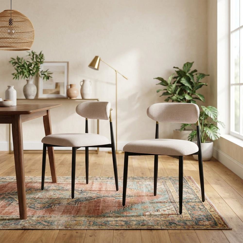 Chenille Dining Chairs with Wood and Metal Frame, Set of 2, Beige Linen & Black. Picture 4