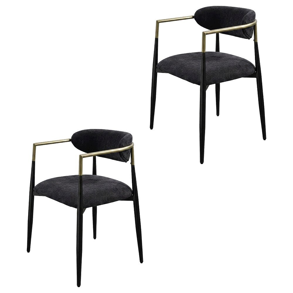 Chenille Accent Armchair with Wood and Metal Frame, Black Chenille & Black, Set of 2. Picture 1