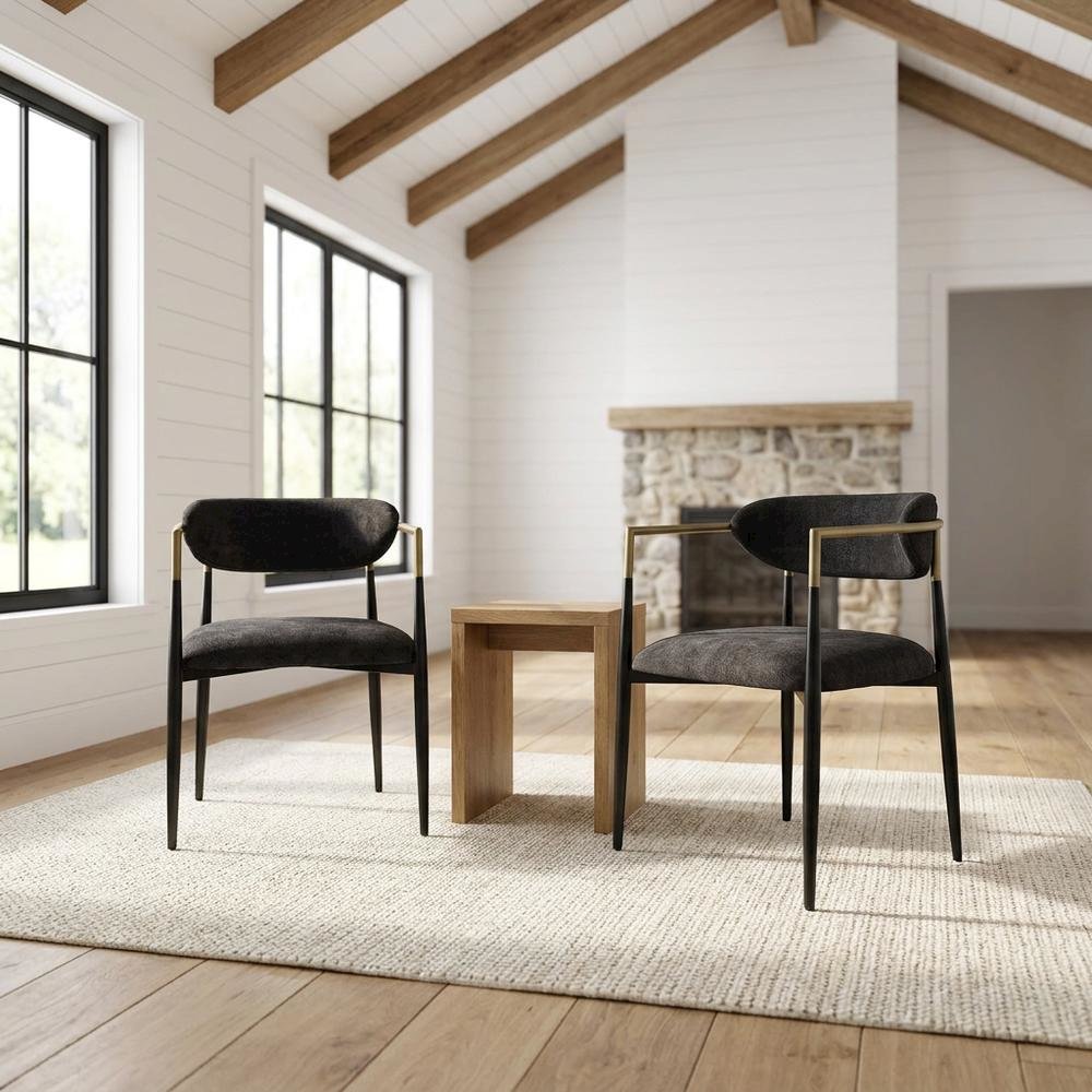 Chenille Accent Armchair with Wood and Metal Frame, Black Chenille & Black, Set of 2. Picture 3