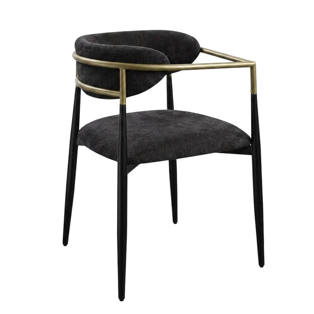 Chenille Accent Armchair with Wood and Metal Frame, Black Chenille & Black, Set of 2. Picture 5