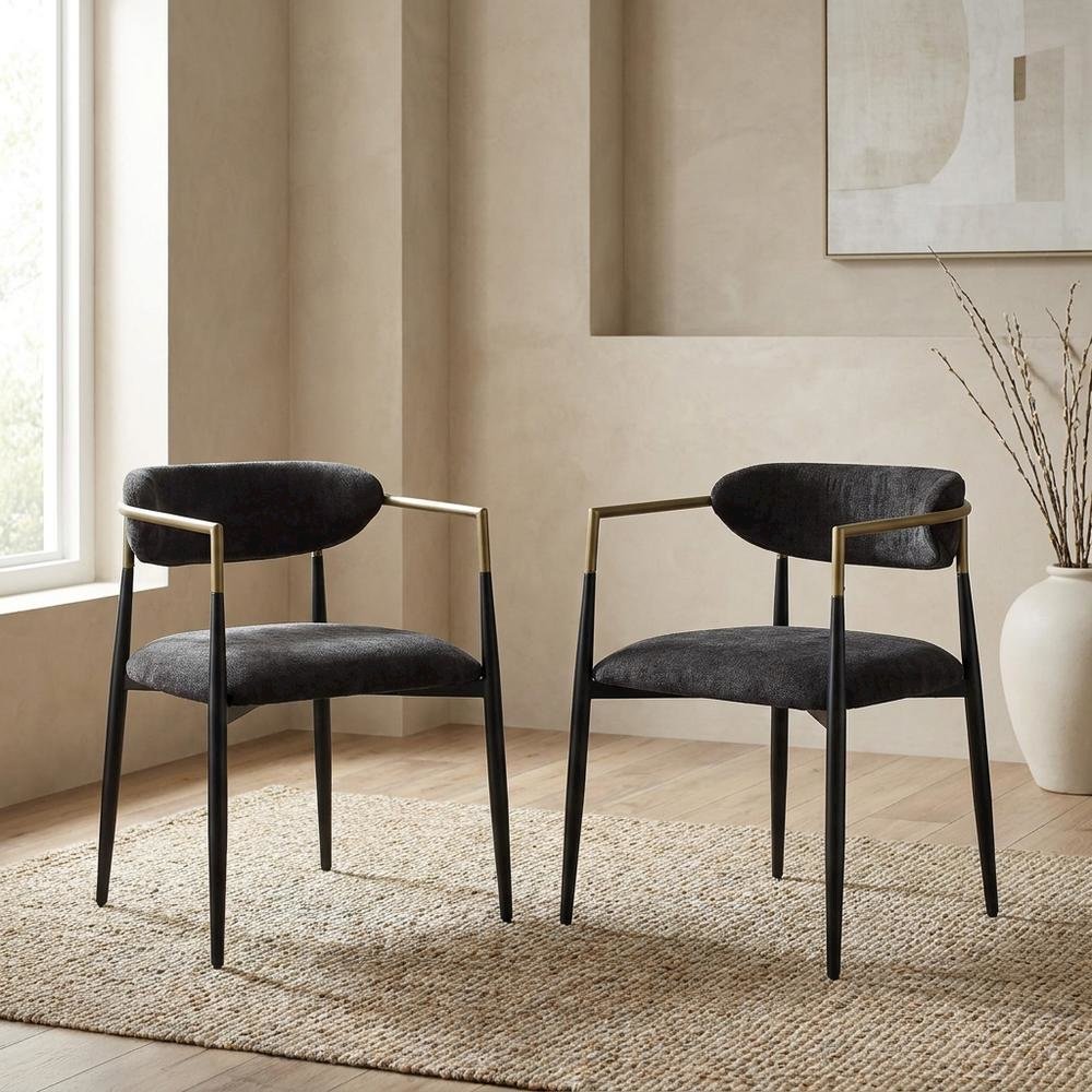Chenille Accent Armchair with Wood and Metal Frame, Black Chenille & Black, Set of 2. Picture 4