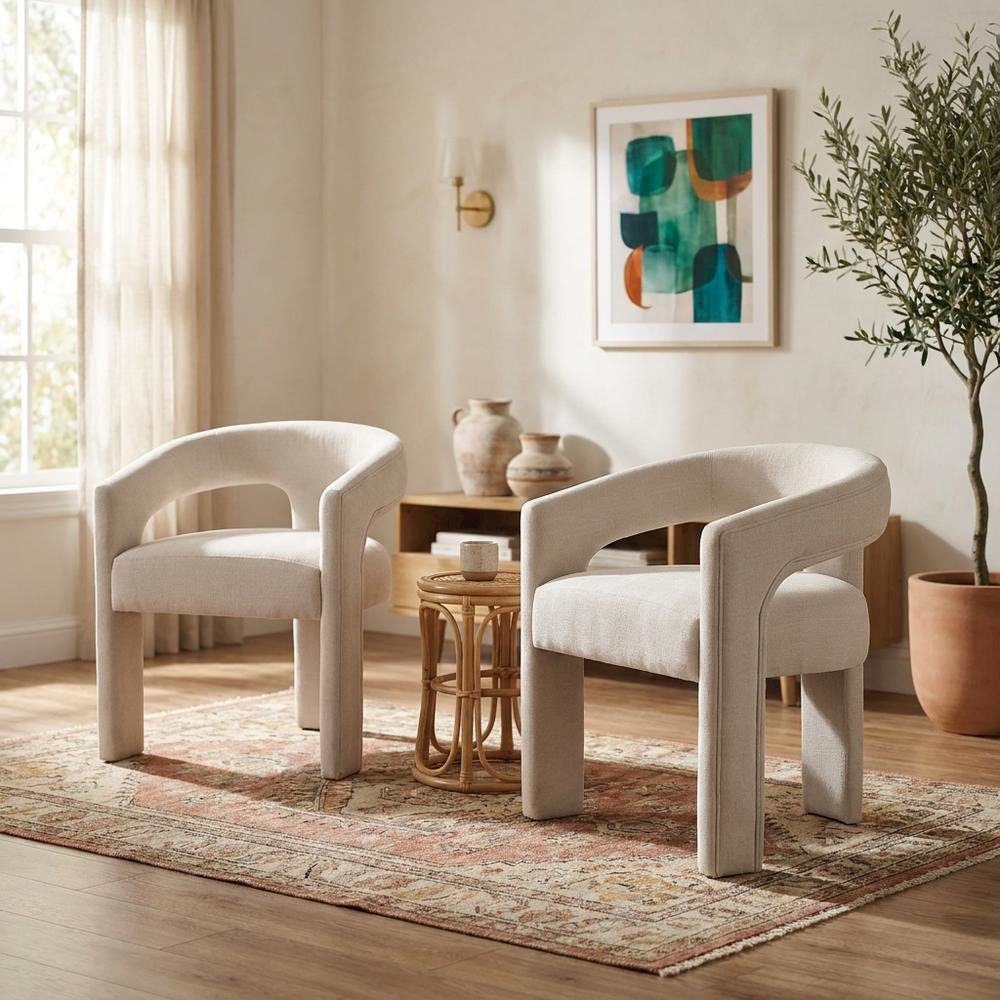 Linen-Upholstered Accent Chair for Living Room with Solid Wood Legs, Beige Linen, Set of 2. Picture 4