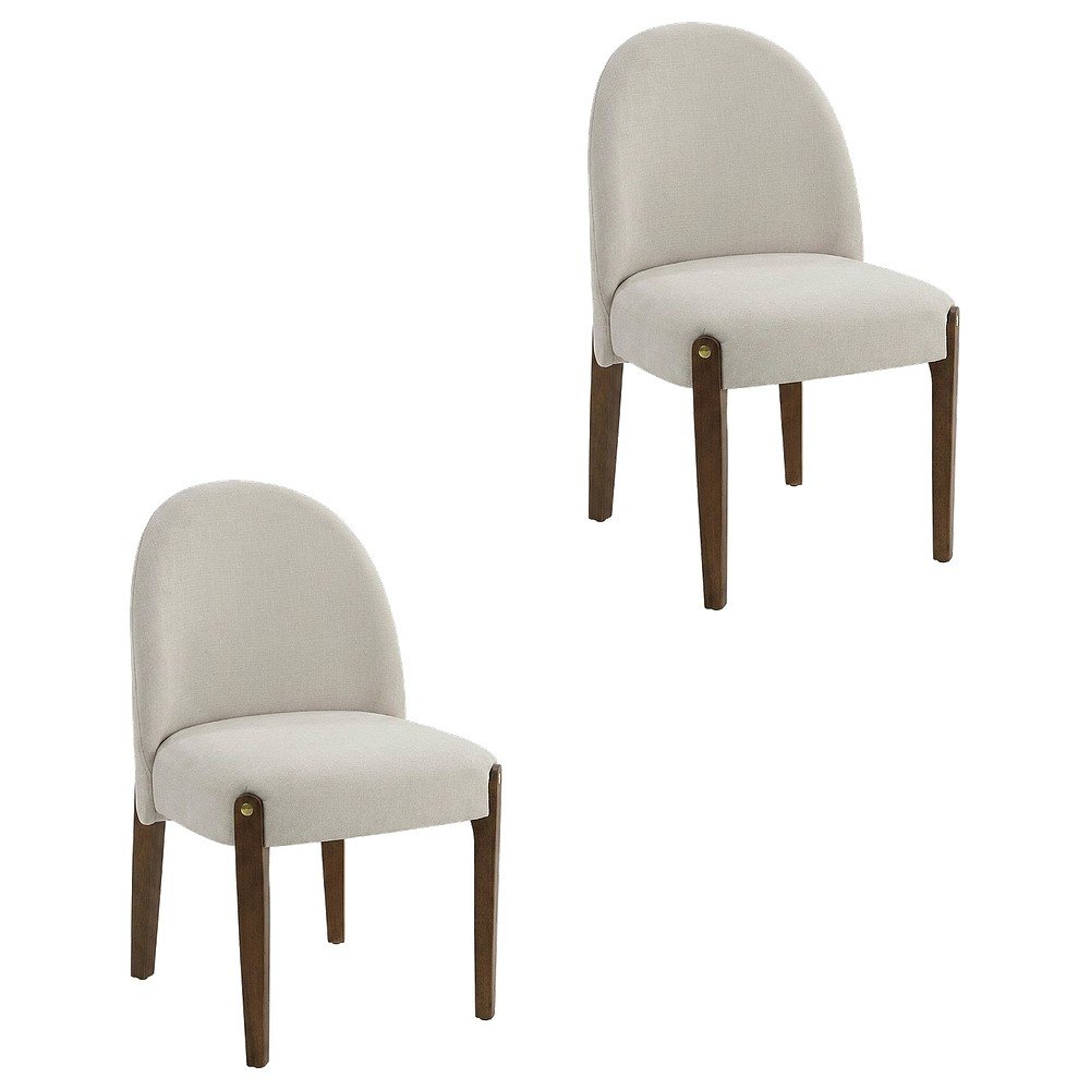 Chenille Accent Side Chair with Dark Oak Wood Legs, Beige Chenille & Dark Oak, Set of 2. Picture 1