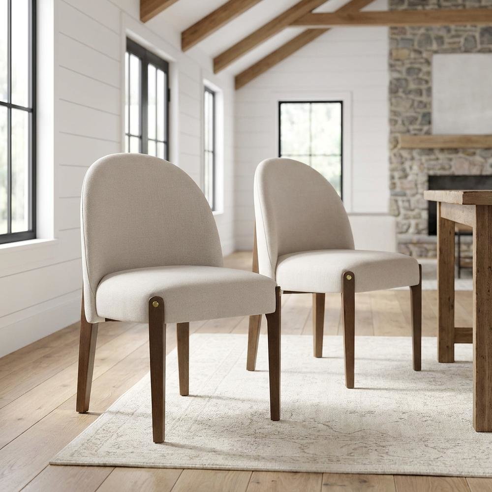 Chenille Accent Side Chair with Dark Oak Wood Legs, Beige Chenille & Dark Oak, Set of 2. Picture 3