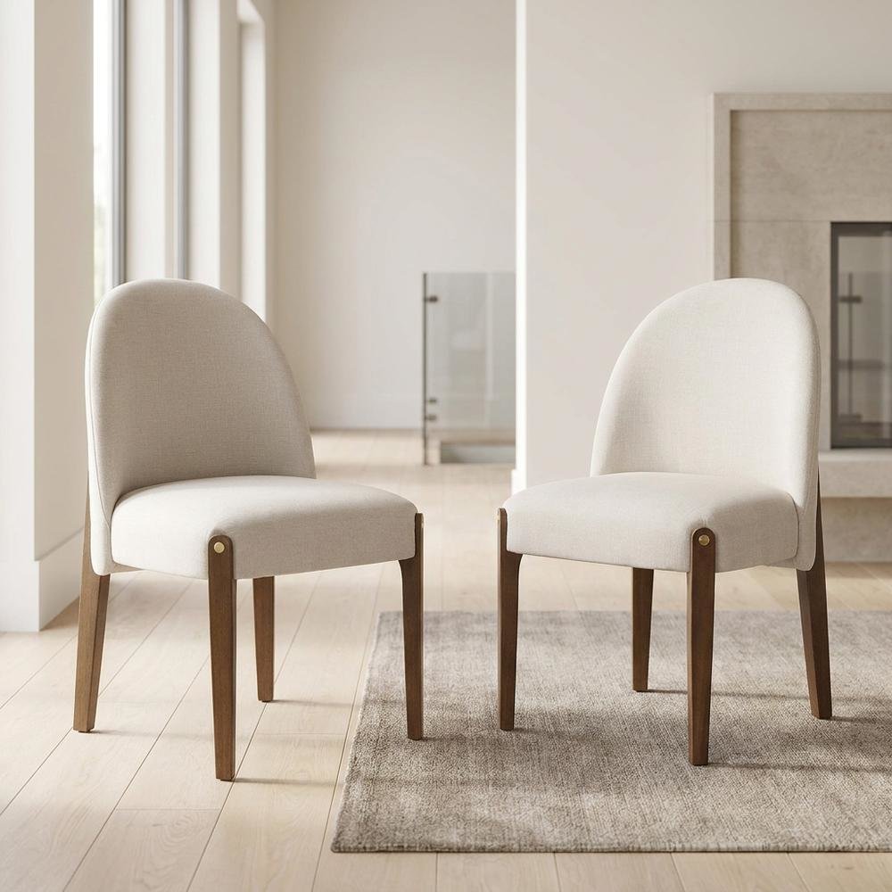 Chenille Accent Side Chair with Dark Oak Wood Legs, Beige Chenille & Dark Oak, Set of 2. Picture 4