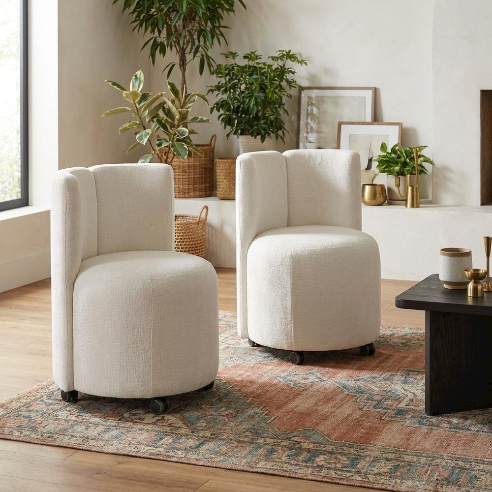 Chenille Upholstered Swivel Accent Chair, White Chenille, Set of 2. Picture 4