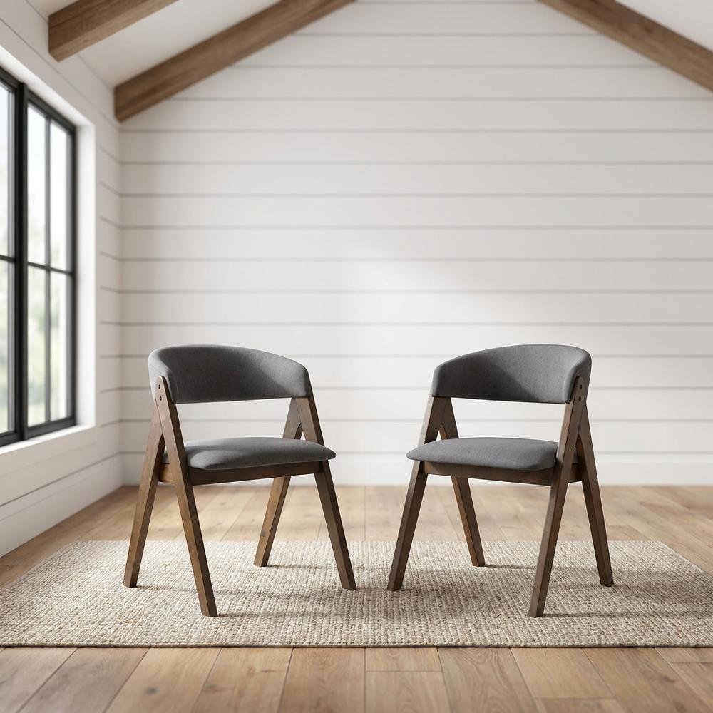 Fabric-Upholstered Side Chair with Walnut Wood Legs, Gray Fabric, Set of 2. Picture 3