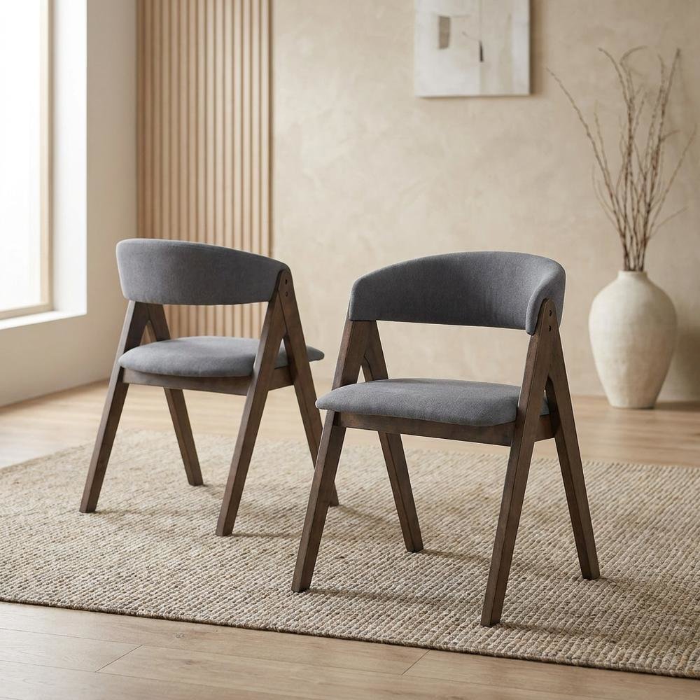 Fabric-Upholstered Side Chair with Walnut Wood Legs, Gray Fabric, Set of 2. Picture 4