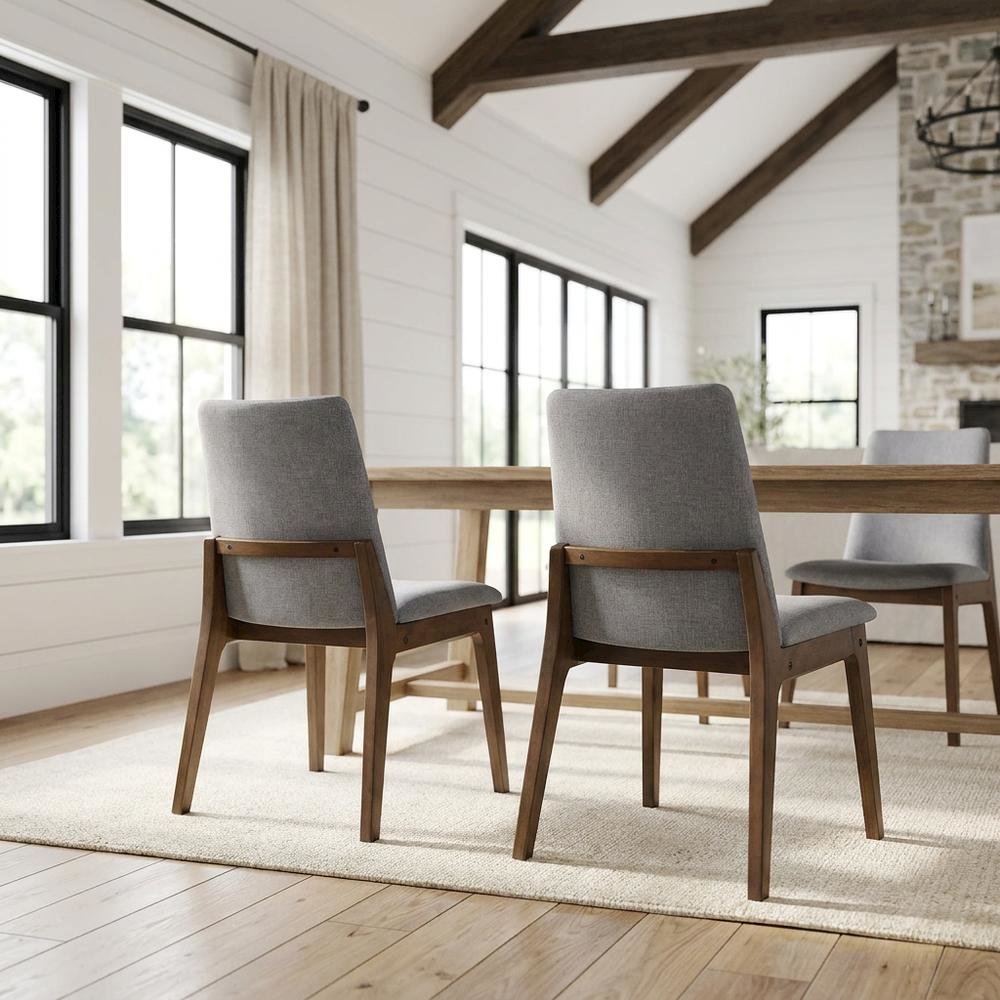 Fabric Dining Side Chair, Scandinavian, Light Gray Fabric & Walnut, Set of 2. Picture 3