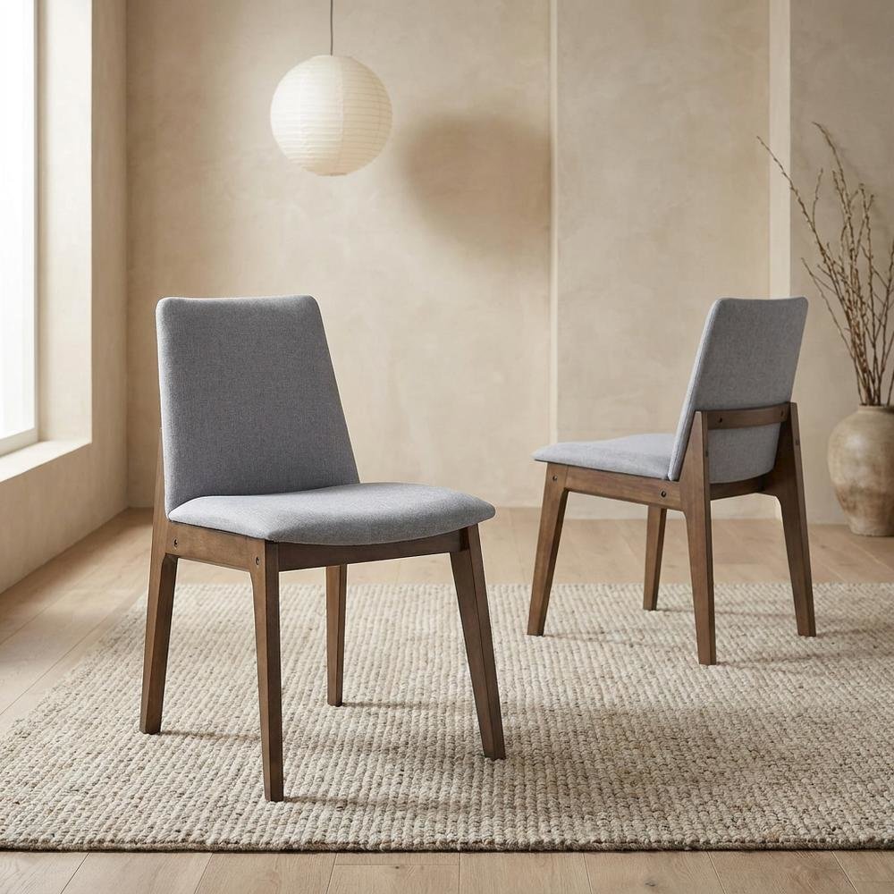 Fabric Dining Side Chair, Scandinavian, Light Gray Fabric & Walnut, Set of 2. Picture 4