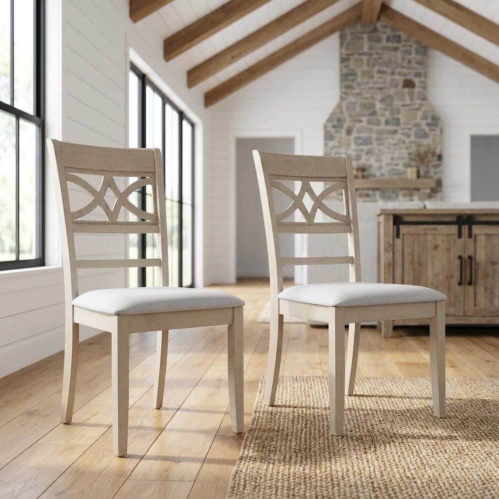 Linen Dining Side Chairs with Wood Frame, Beige Linen & Antique Bone White, Set of 2. Picture 3