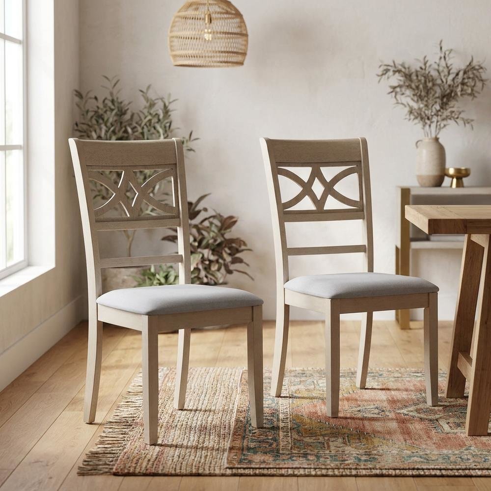 Linen Dining Side Chairs with Wood Frame, Beige Linen & Antique Bone White, Set of 2. Picture 4