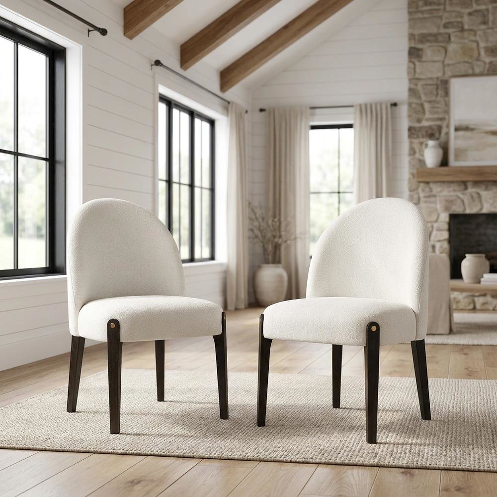 Chenille Upholstered Dining Chairs with Wood Legs, Beige Chenille & & Espresso, Set of 2. Picture 3