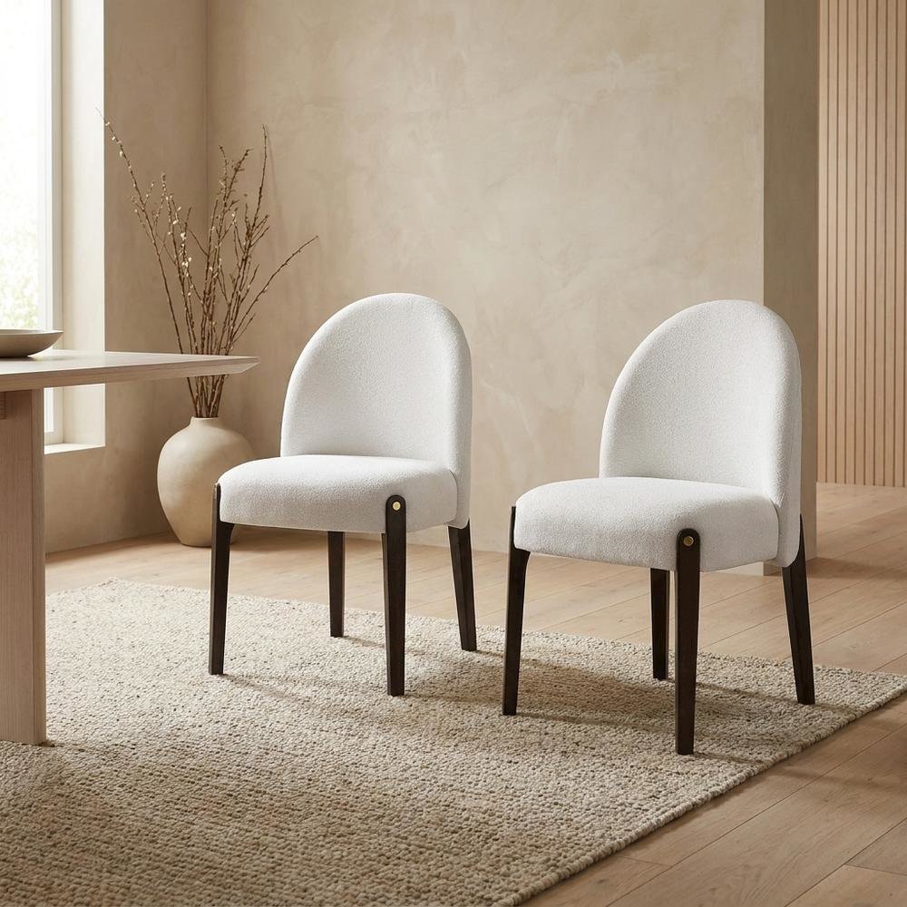 Chenille Upholstered Dining Chairs with Wood Legs, Beige Chenille & & Espresso, Set of 2. Picture 4