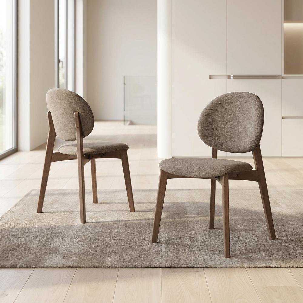 Linen Dining Chairs, Scandinavian Style, Light Brown Linen & Walnut, Set of 2. Picture 4