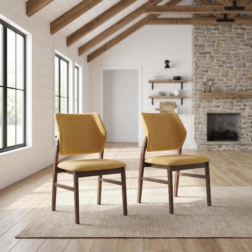 Linen-Upholstered Side Chair with Walnut Legs, Set of 2,Yellow Linen & Walnut, Set of 2. Picture 3